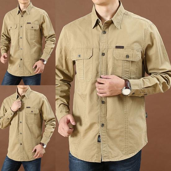 Men Shirt Solid Color Single-breasted Multi-pockets Wear-resistant Men Top for Daily Wear