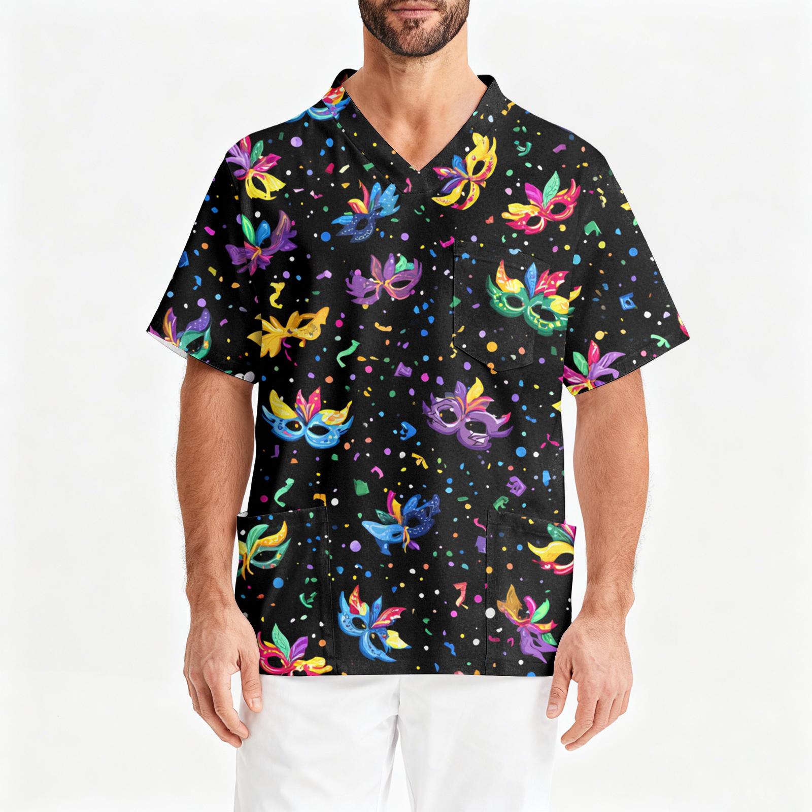 Мужская рабочая блузка с короткими рукавами и v-образным вырезом с принтом, топ с нагрудным карманом XL чёрный