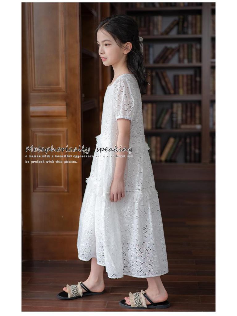 Girls' Embroidered White Cotton Dress – Sweet Bubble Sleeve Cake Design for Summer