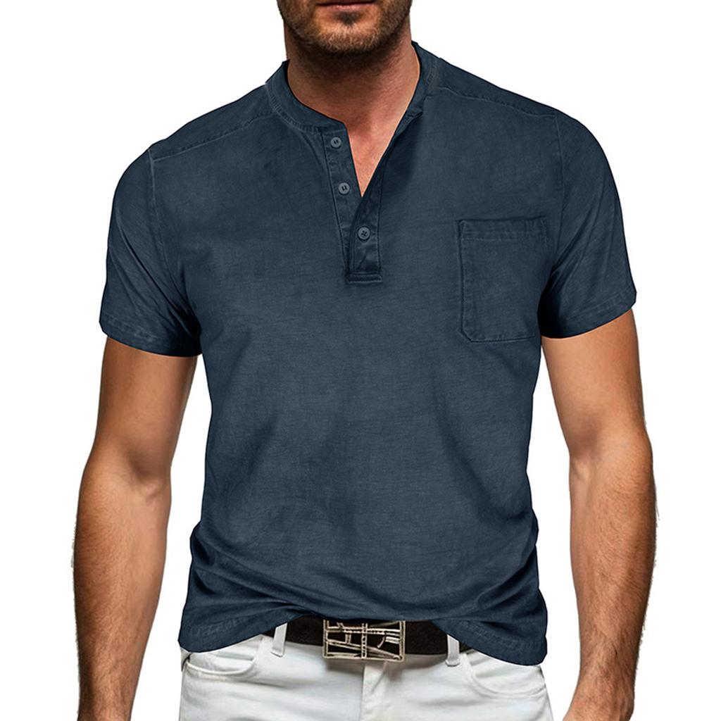Men Henley Neck Short Sleeve T Shirt Casual Pocket Design Button Up Lightweight Soft Fabric Top for Daily Wear