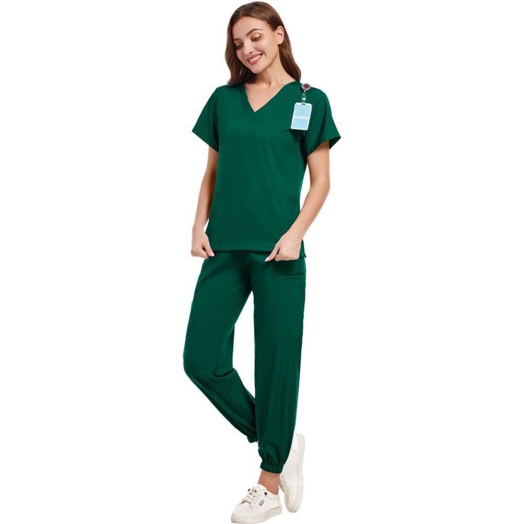Women's Set V-Neck Short Sleeve Top with Pockets and Long Pants, Quick Dry Color Uniform for Healthcare Workers