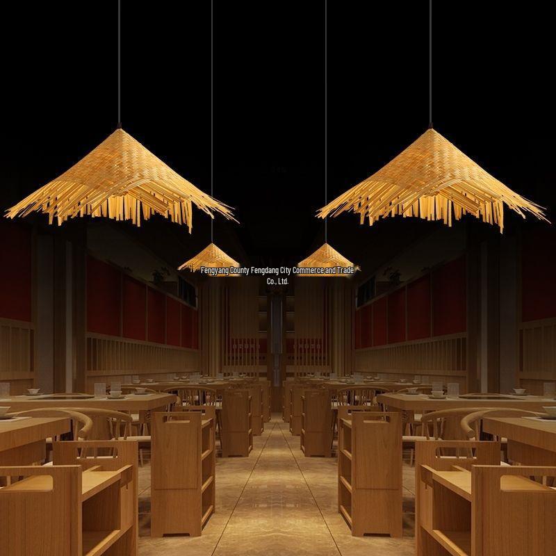 Bamboo Weaving Straw Hat Chandelier - Southeast Asian Wabi-Sabi Style Rattan Lampshade for Farmhouse Decor.