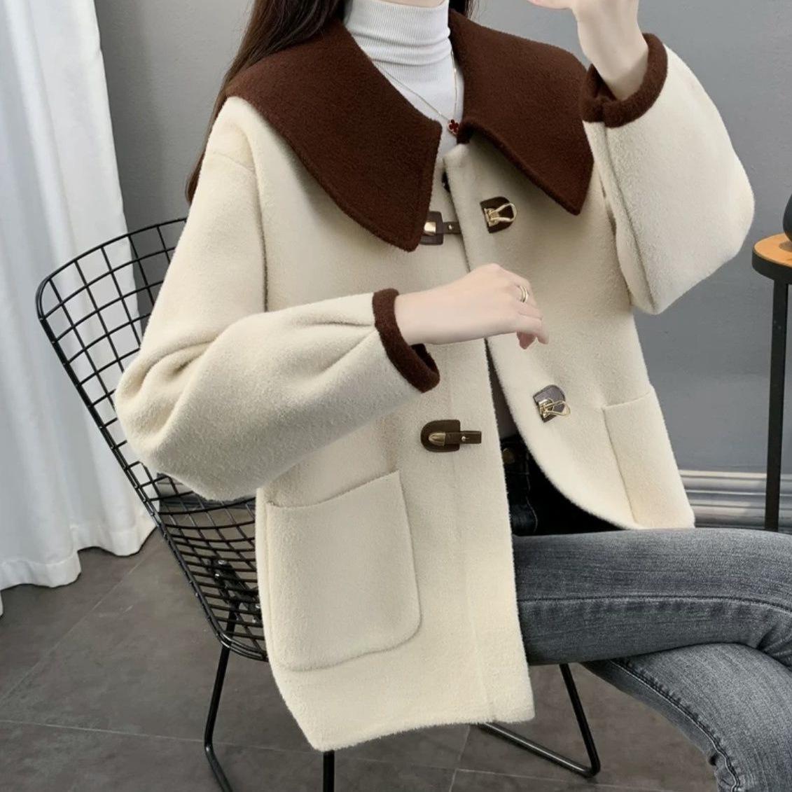 

Women s Autumn/Winter 2025 Stylish Loose Woolen Knit Faux Double-Sided Cardigan Coat L (suggested 105-120 jin) абрикосовий