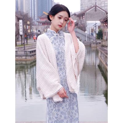 Retro Literarisch Und Vielseitig Gestrickte Strickjacke Jacke im Nationalstil Mit Cheongsam Schal Umhang 0222 #