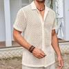Mens Casual Diamond Hollow Out Knit Cuban Collar Short Sleeve Shirt