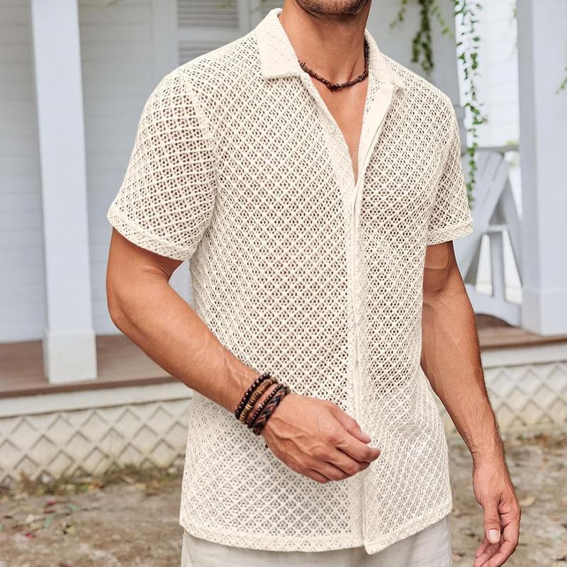 Mens Casual Diamond Hollow Out Knit Cuban Collar Short Sleeve Shirt S бежевый