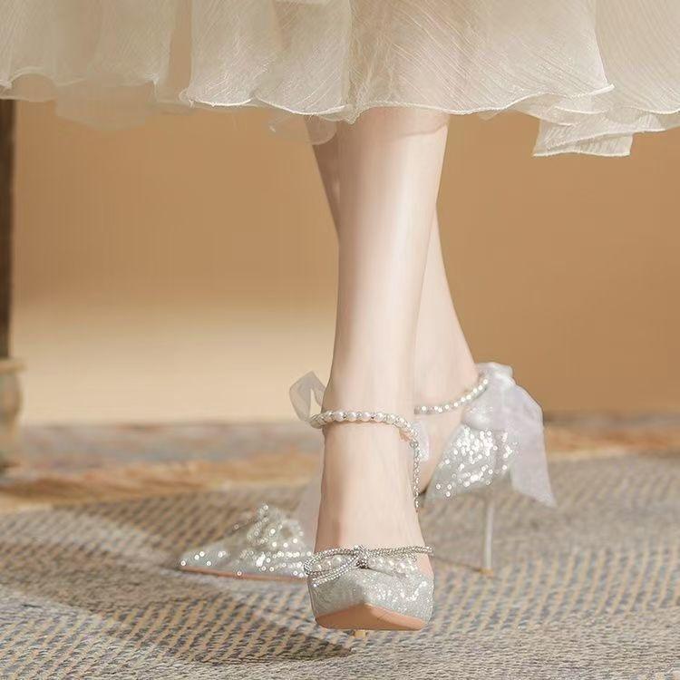Wedding shoes bride shoes ribbon bow pointed single shoes women's pearl chain one-word strap high heels women's new 2025