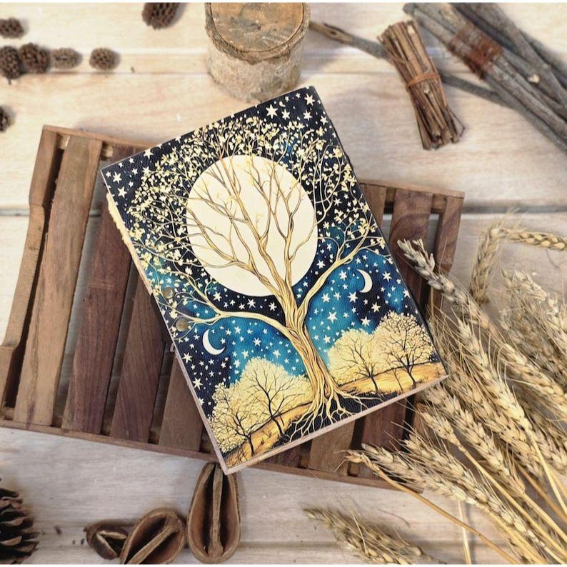 Tree of life  Grimoire Leather Journal, Blank Spell Book of Shadows Celestial leather journal Gifts For Him Her.