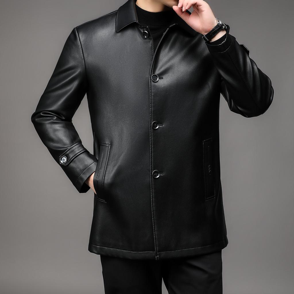 Neuer Herbst- und Winter-Samt verdickter mittellanger Lederanzugkragen PU-Ledermantel Herrenleder-Windjacke