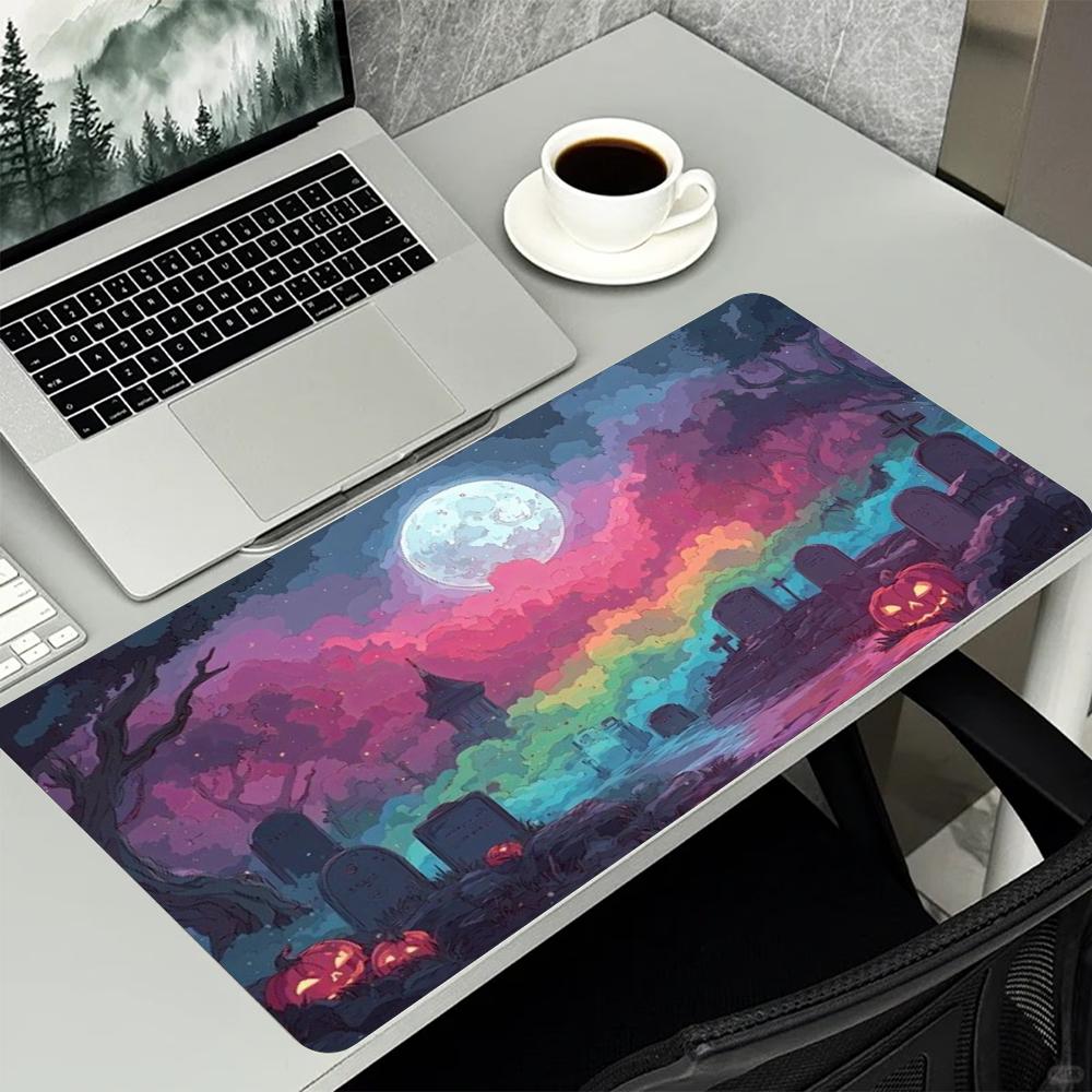 Black Cat Tombstone Neon Graveyard Cute Ghosts Xxl Gaming Desk Mat Non Slip Rubber Base Extended Mouse Pad For Halloween Fan