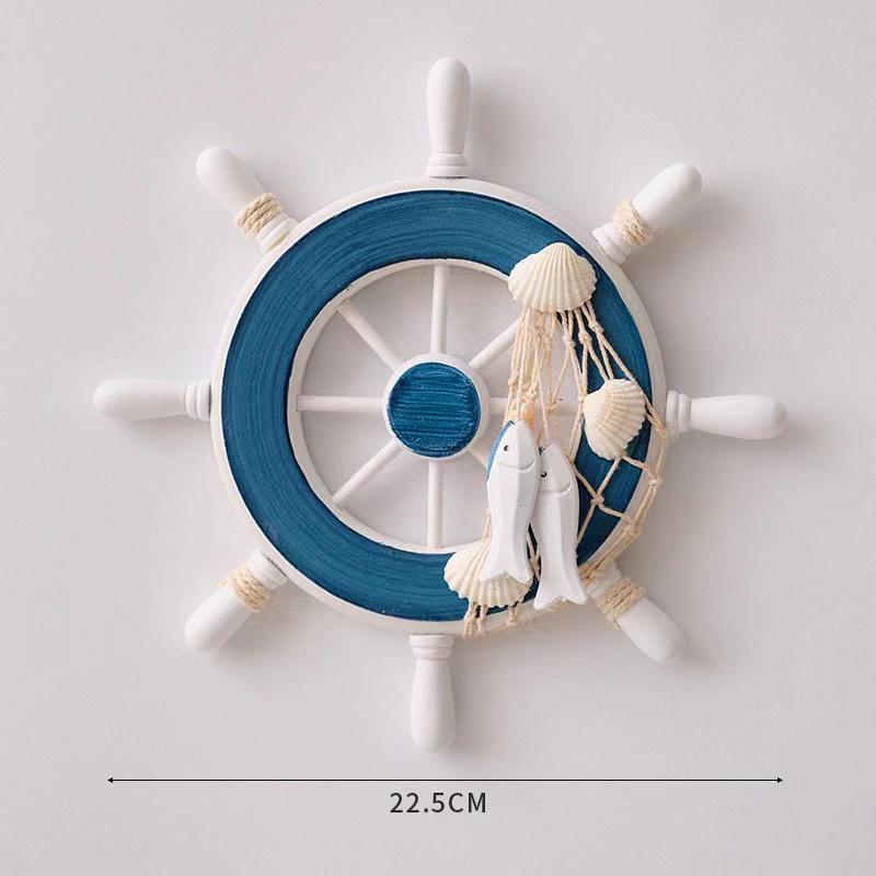 23cm Mediterranean Helmsman Figurine Wall Decoration - Wooden Ship's Wheel Craft