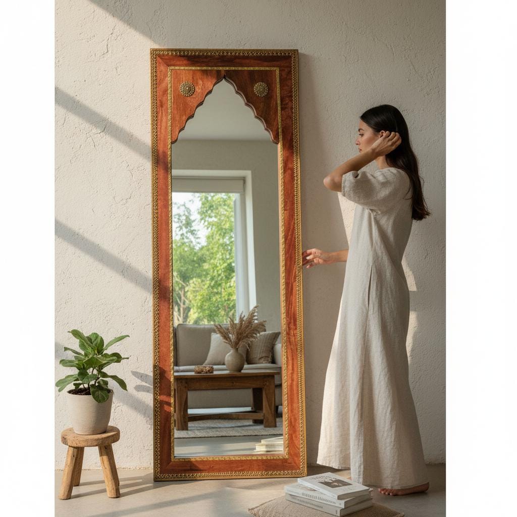 Wooden Wall Decor Mirror With Glass | Indian Bedroom Mirror | Living Room Furniture Decor ,Indian Brass Fitted Mirror For Home Decor