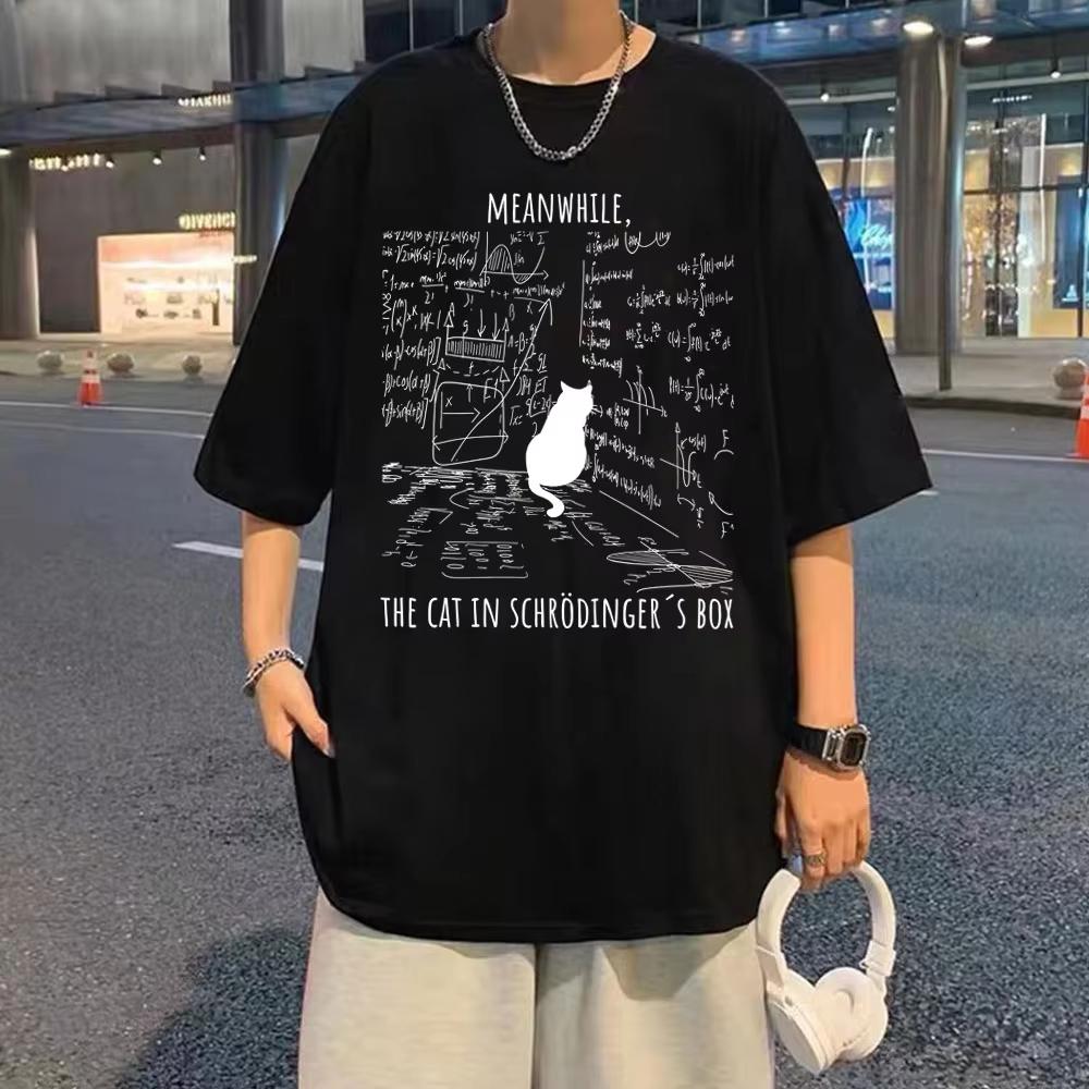 Meanwhile The Cat in Schrodinger Box Funny Meme T Shirt Men s Women Casual Cotton Vintage Tshirt Male Fashion Oversized T-shirts S разноцветный