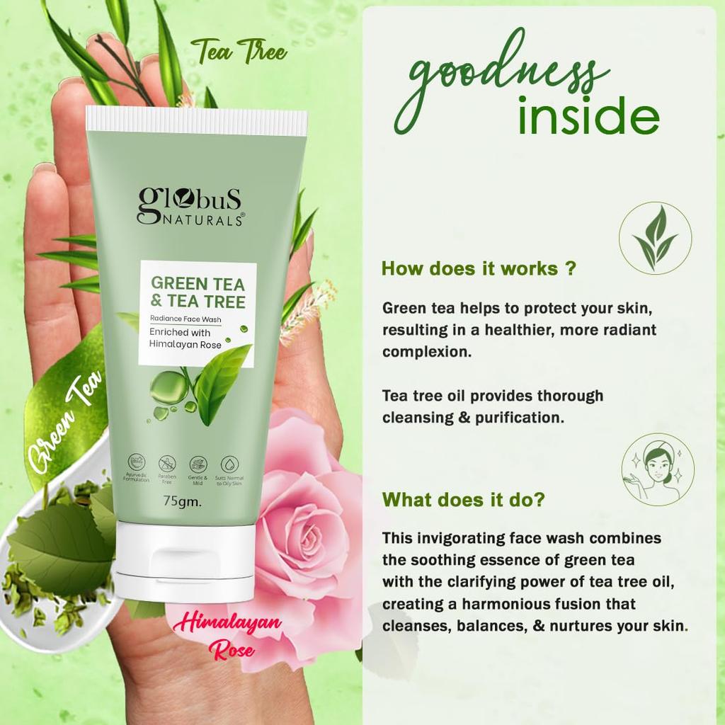 Green Tea & Tea Tree Radiance Face Wash, Enriched with Himalayan Rose, Ayurvedic Preparation, Paraben Free, Gentle & Mild, Suitable for Norm