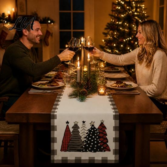 Dining Table Runner Christmas Runner, Xmas Tree Ball Reindeer Print Seasonal Accessories Tablecloth, Winter Holiday Party Decoration Coffee