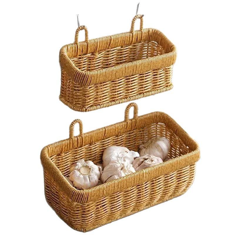 Wall Hanging Woven Storage Basket Set | Plastic Rattan Hanging Organizer with Hooks | 2 Sizes Kitchen Pantry Storage Basket for Home Decor