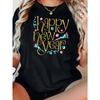 Women's Plus Size New Year's Printed T-Shirt - Black Casual Short-sleeved Crew Neck Top