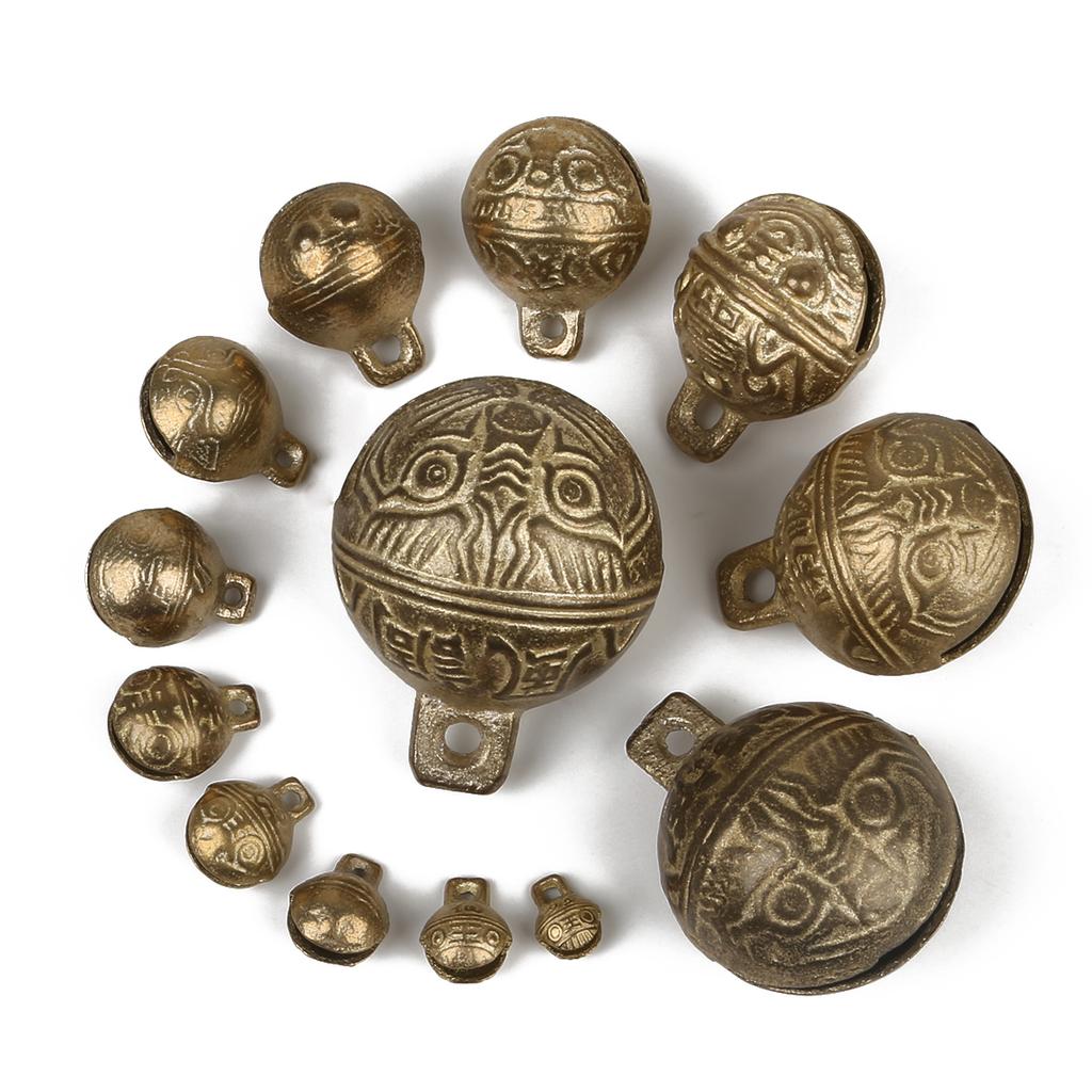 1-15pcs Vintage Tiger Head Brass Bells 13 Sizes Ethnic Copper Small Bell For Key Chain Pet Collar Crafts DIY Supplies Home Decor