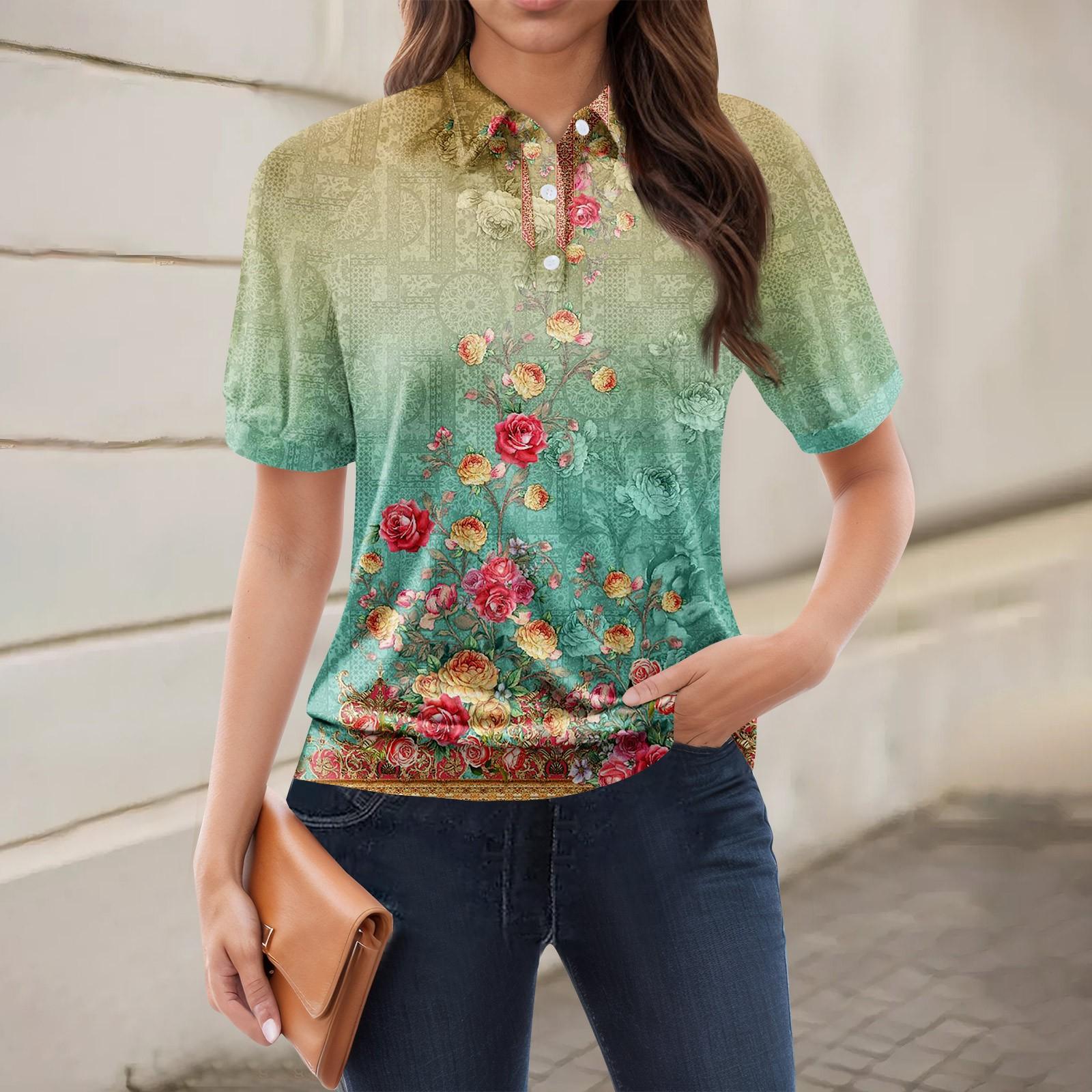 

Женская повседневная футболка с v-образным вырезом и коротким рукавом с цветочным принтом и декоративными пуговицами, топ S