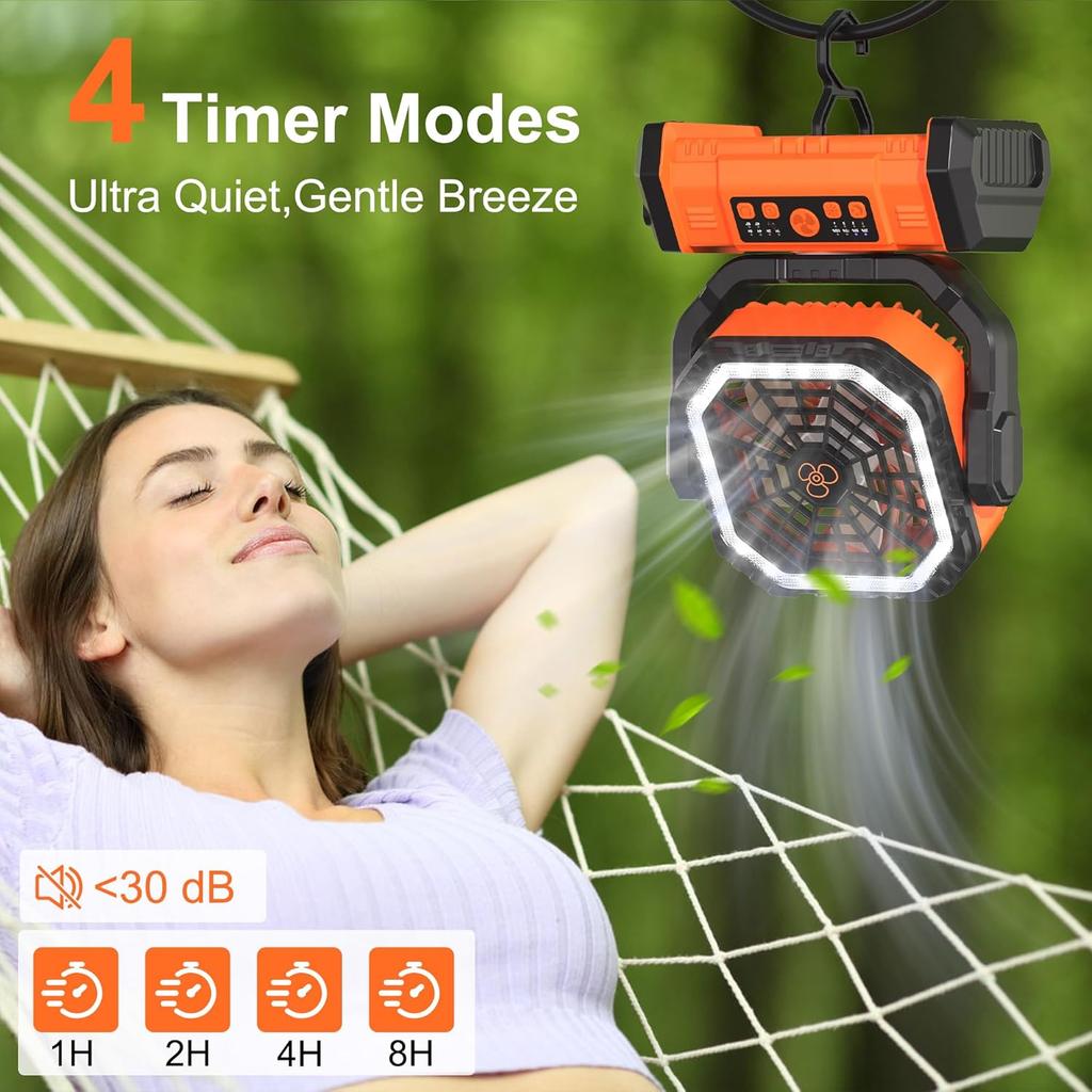 40000mAh Rechargeable Camping Fan with LED Light Remote Control 4 Speeds Timer Hanging Hook Portable Outdoor Tent Fan
