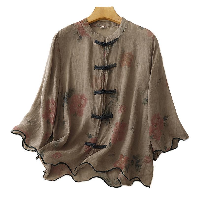 Retro printed cotton and linen shirt women's summer new medium round neck disc button seven-quarter sleeve zen cardigan top
