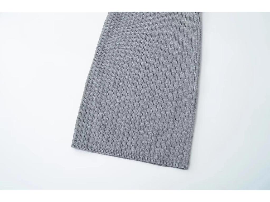 Mature Retro Fold-over Waist Knit Midi Skirt for Women - Slimming Hip-hugging Grey Skirt for Autumn/Winter