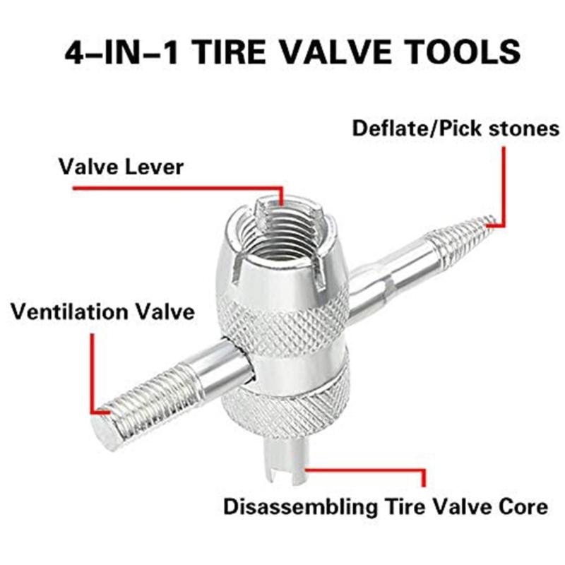 4-Way Valves Tool Tire Valves Tools 4 Way Valves Core Tool 4-in-1 Multifunctional Valves Wrench for Automobile Tire Stem