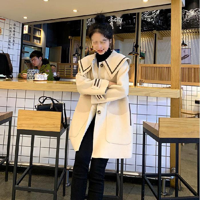 Women's 2026 Navy Collar Medium Wool Coat – Korean Academic A-Line Style, Petite Fit, Single-Breasted.