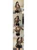 Black Slim-Fit Drawstring Navel-Baring Long-Sleeved Top for Women - Ideal for Spring and Summer