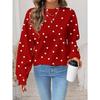 Women's Heart-Shaped Red And White Print Sweatshirt,Casual Autumn Loose Fit Crew Neck Long Sleeve Pullover For Date,Vintage Commute Style