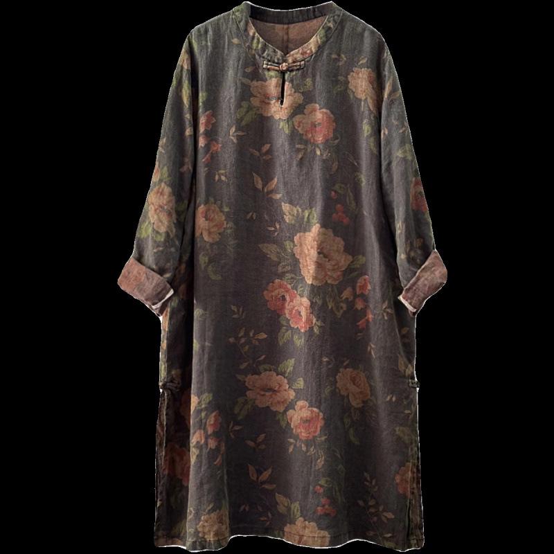 2026 New Cotton and Linen Retro Print Women's Mid-Length Shirt Dress with Stand Collar and Frog Buttons
