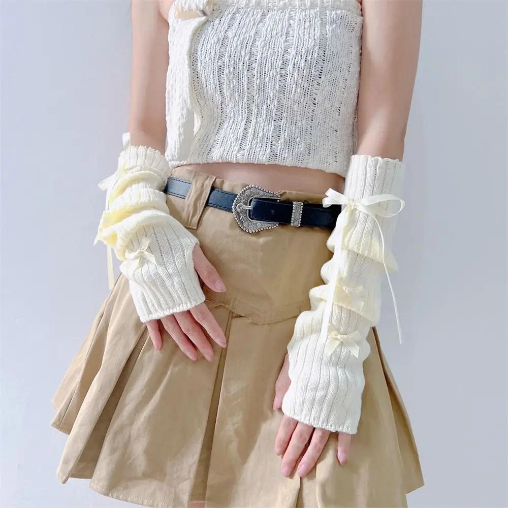 

Женские митенки в стиле Y2K, гетры с бантиком, мягкие вязаные перчатки, женские митенки с открытыми пальцами, однотонные утолщенные нарукавники