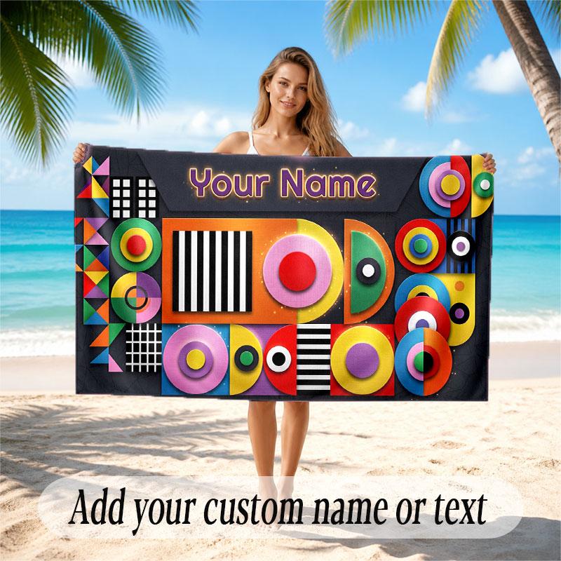 Abstract Geometric Theme Soft Beach Towel Personalized Custom Name Text Towel Portable for Beach Pool Travel