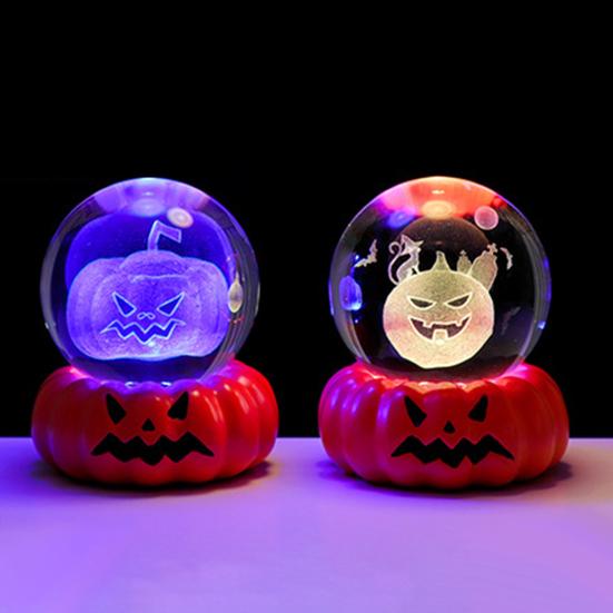 Halloween Faux Crystal Ball Night Light 3D Pumpkin Skull Witch Haunted House Spiderweb Glass Ball Lamp with Base USB Powered Glowing Sphere Decoration