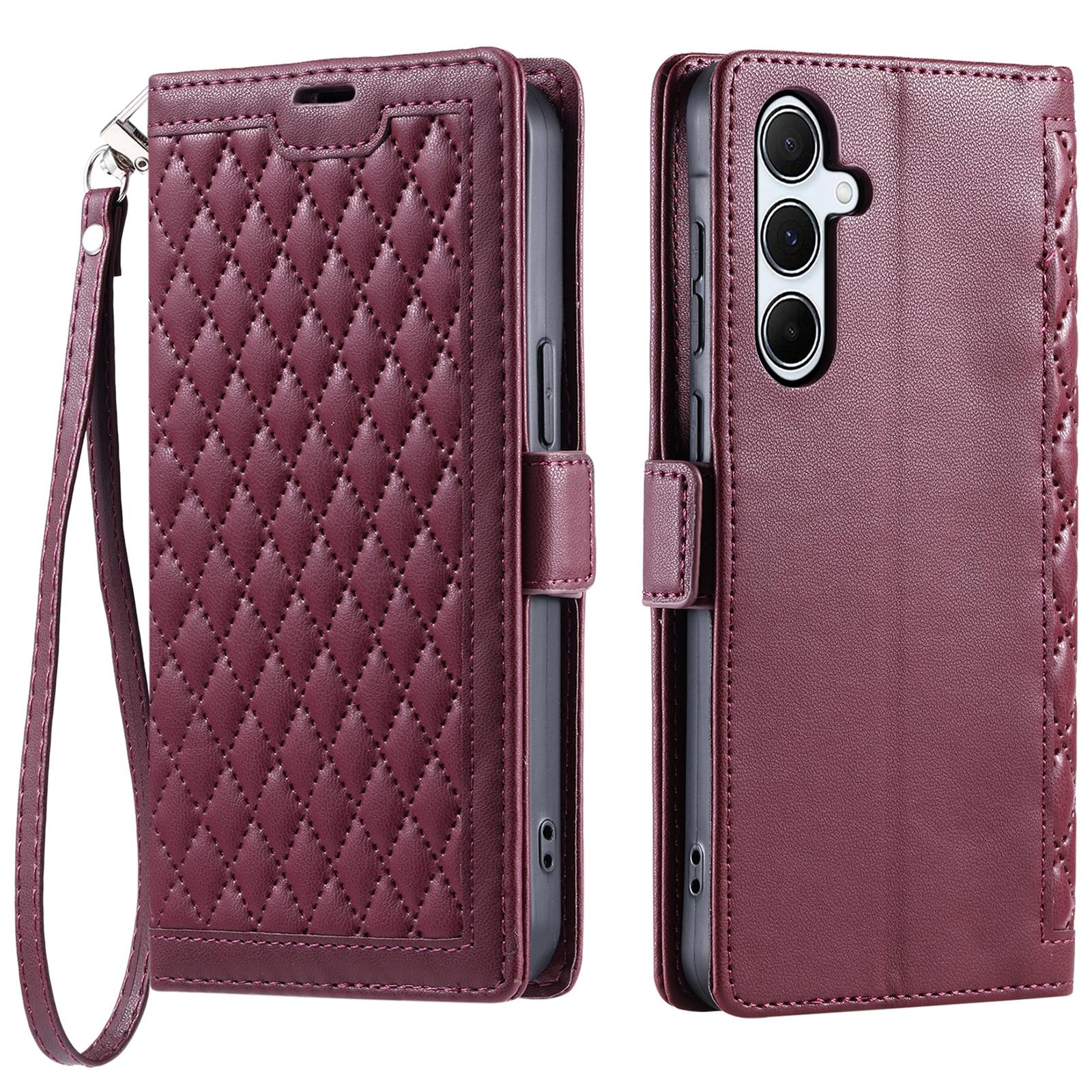 

For Samsung Galaxy S25 FE Leather Case Rhombus Texture Wallet Stand Phone Cover with Wrist Strap Wine Red