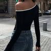 Spring New Skew Collar Long Sleeve Sexy T-shirt Women Fashion Slim Fit Off Shoulder Tops Casual Woman Tshirts Elegant Solid Street Y2K Tee Shirt 26473