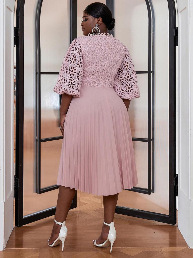 Plus Size Lace Lantern Sleeve Dress with Pleated Skirt - Christmas Gift