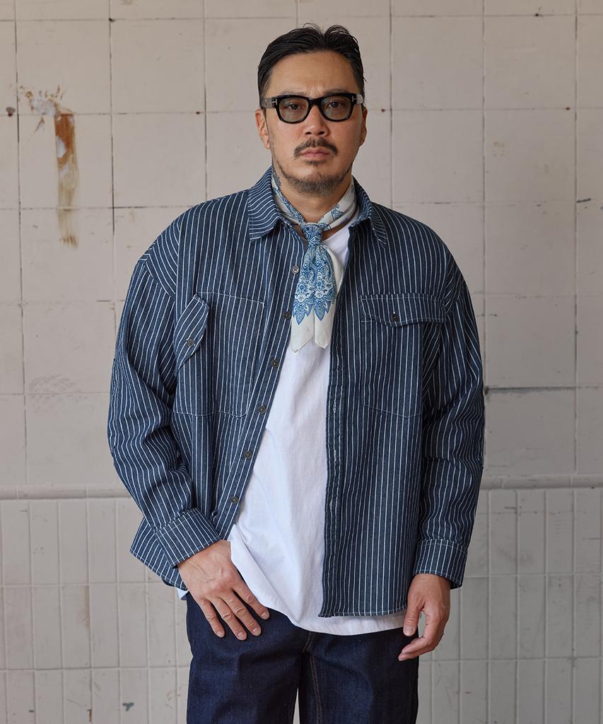 RUGGED HOUSE Diagonal Pocket Striped Shirt Blue
