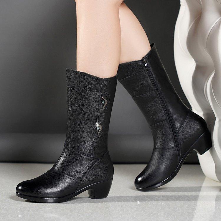 Women's Winter Wool Boots, Medium Length Thick Heel High Boots, Warm Cotton Shoes for Mother
