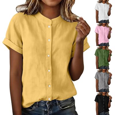Women Loose Fit Casual Short Sleeve Button Down Shirt Cotton Linen Fabric Stand Collar Relaxed Blouse for Daily Wear