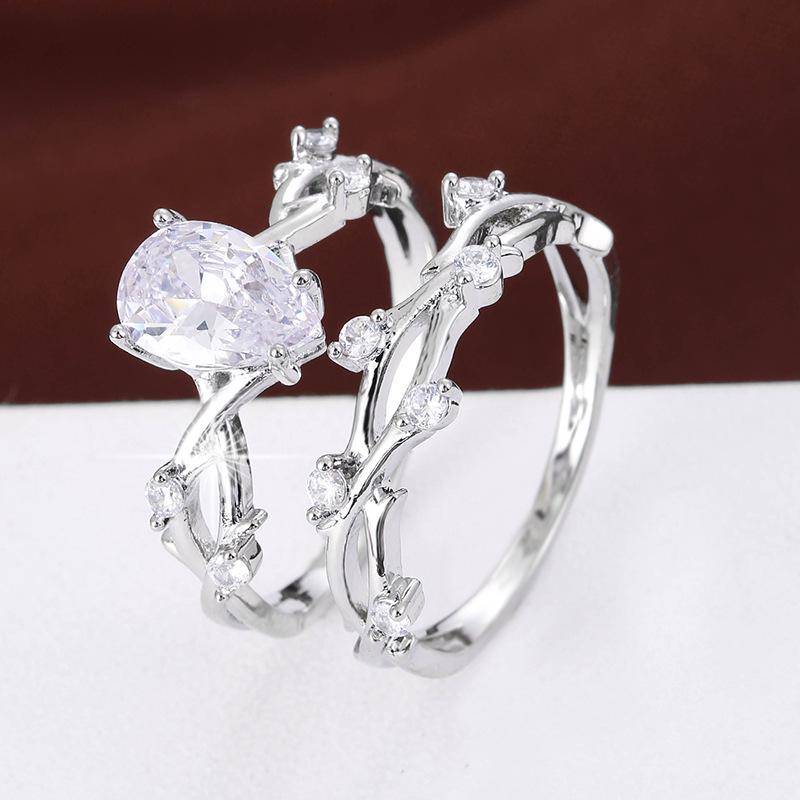 Fresh Branch  Leaf Design Korean Style Couple Rings - Minimalist, Stackable with Water Drop Zirconia Size 6