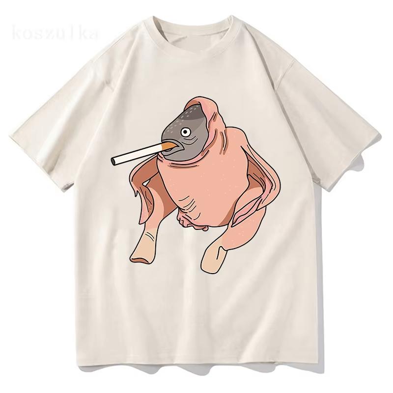 Fish Chicken Smoking A Cigarette Funny Meme T-shirt Cartoon Printed Tshirt for Men/Women Cotton Soft High Quality Tee-shirt