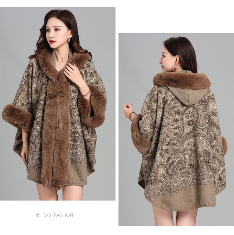 2022 Plus Size Winter Faux Fur Collar Women Thick Cardigan Cloak Printed Black Short Batwing Sleeves Warm Loose Coat With Hat
