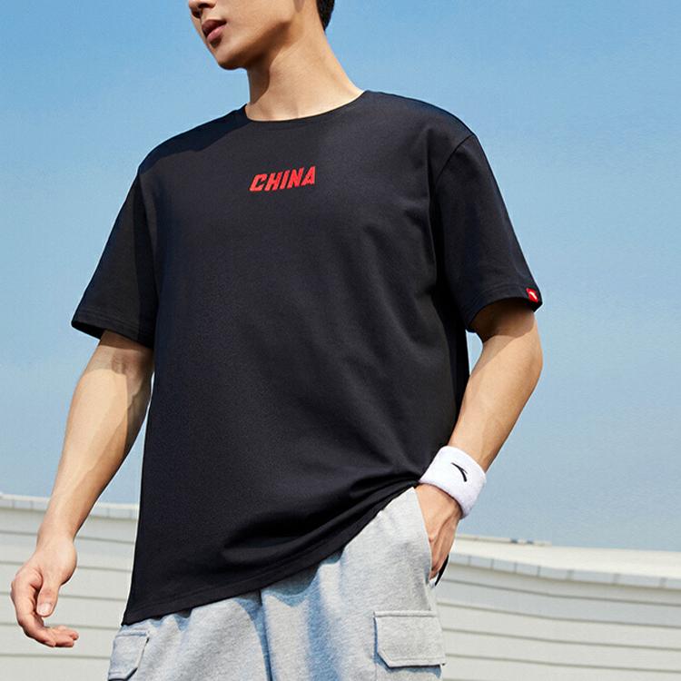 Anta Letter Embroidered Printed Loose Sports Straight T-Shirt Men Tops Black 952127121-6