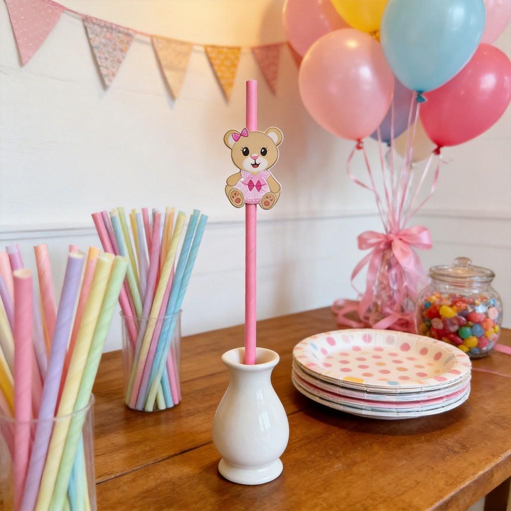 Teddy Bear Party Paper Straws For Cake Decor And Drink Presentation