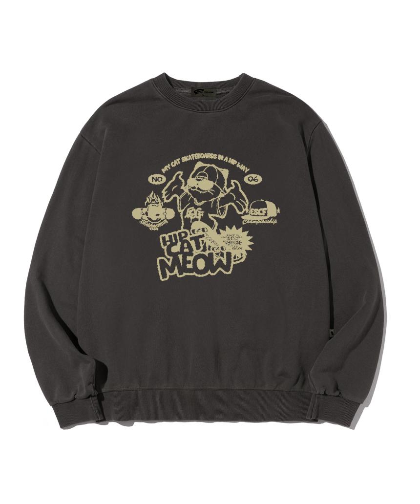 Escape From Hip Cat Meow Print Pigment Sweatshirt Charcoal M