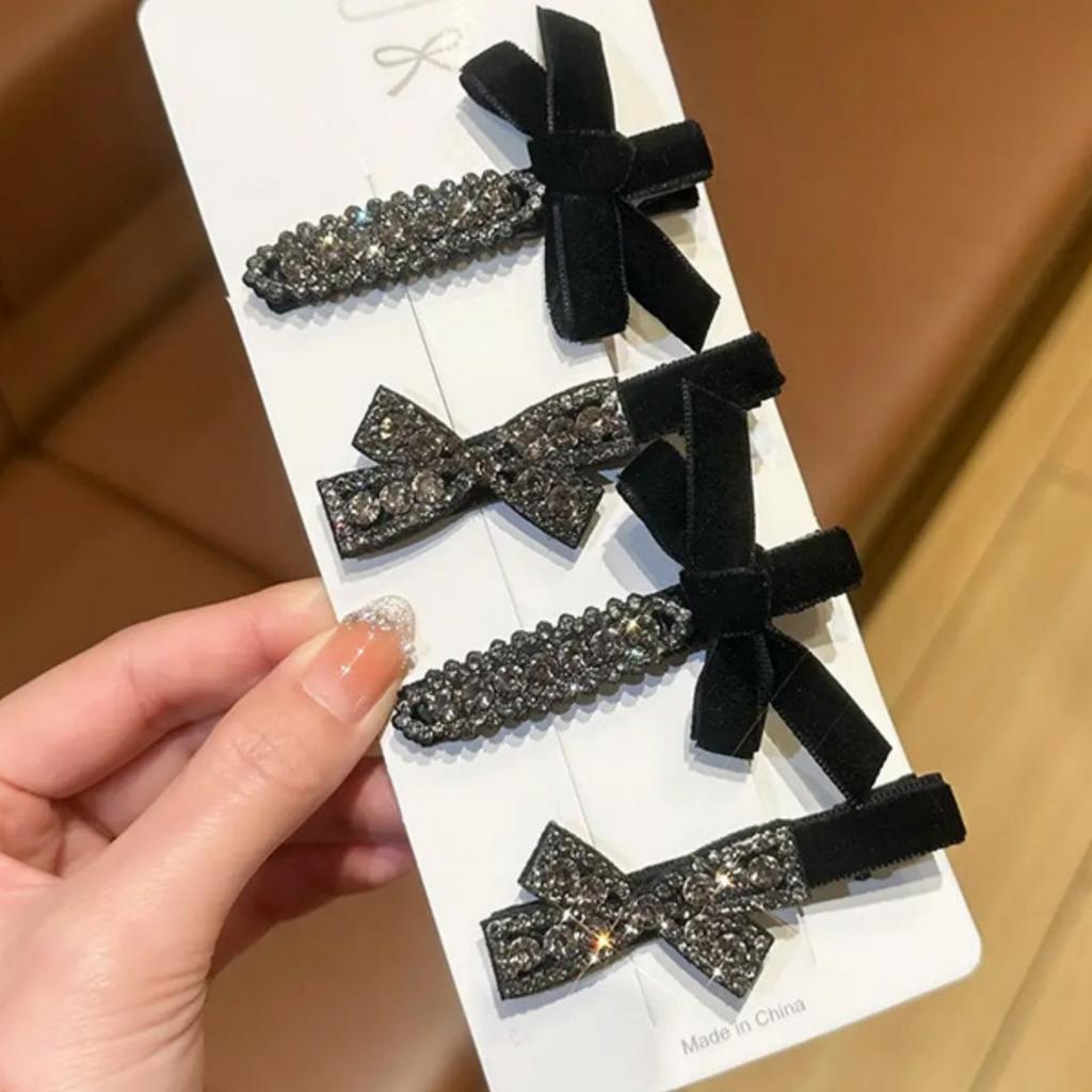 2PCS Black,Velvet,Hair Clips,Hair Clips,Glitter Diamonds,Premium,Rhinestones,Bow,Duckbill Clips,Forehead,Shattered Hair Clips,Ba