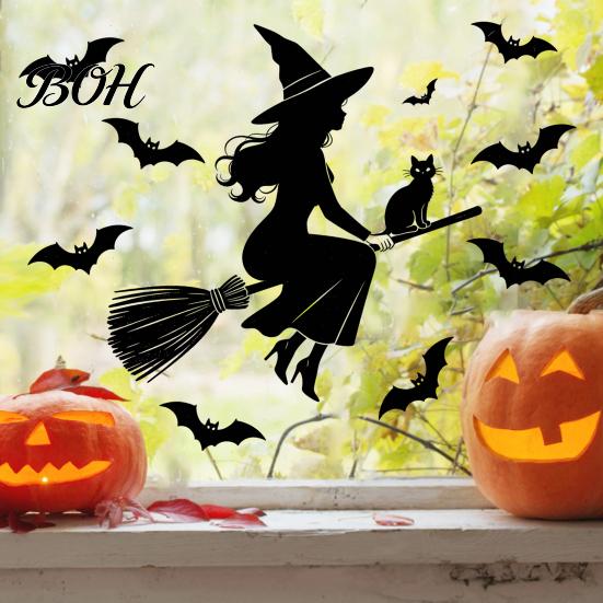 Spooky Party Window Decor Halloween Witch Black Cat Static Stickers, Waterproof PVC Silhouette Decals, Stickers Removable Wall Art for Home Glass Door