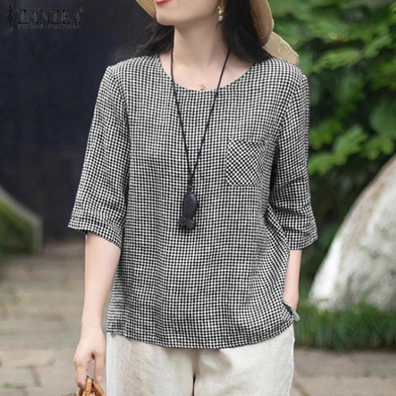 ZANZEA Women Casual Round Neck Plaid Print Loose Half Sleeve Blouse