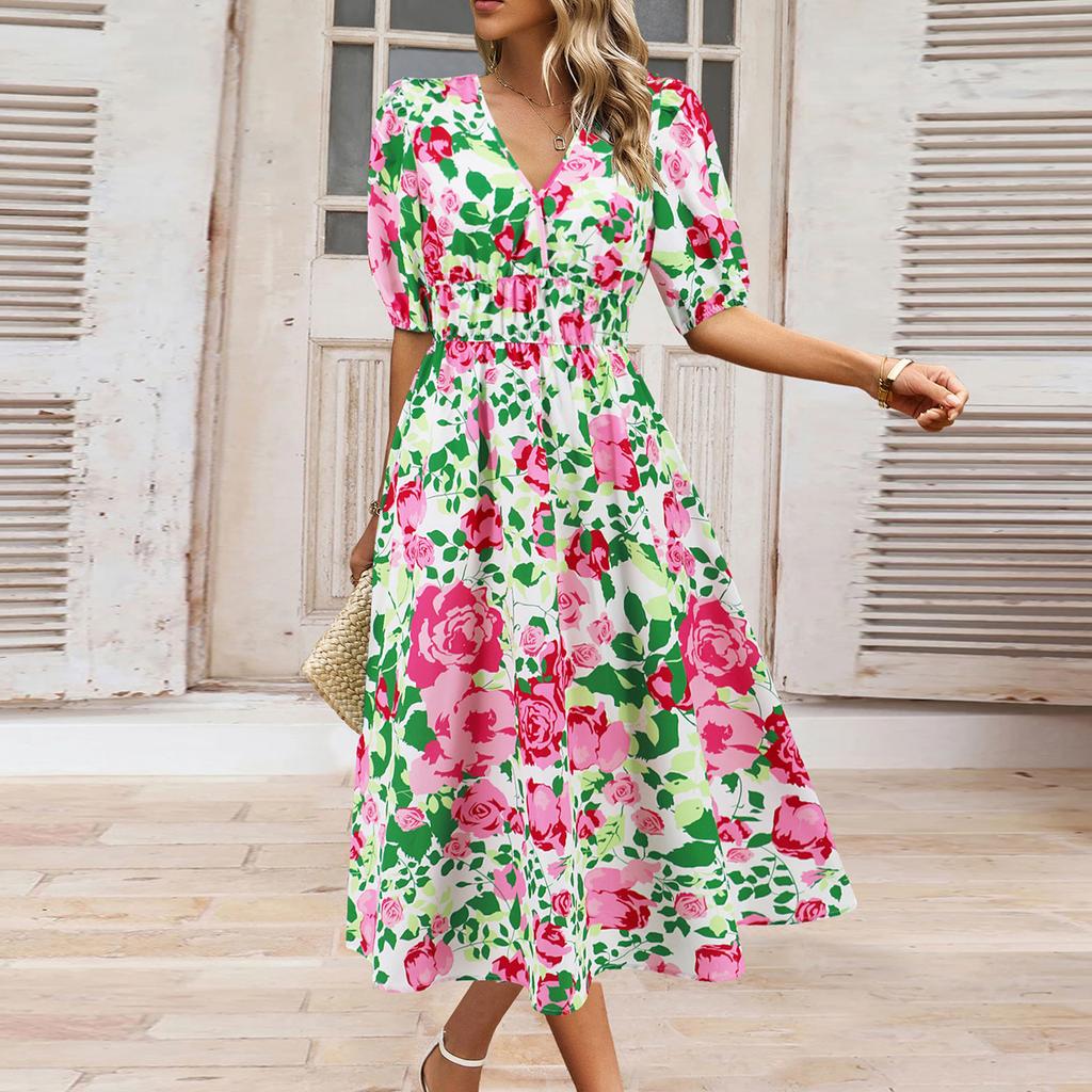 Women's V-Neck Bohemian Print Short Sleeve Dress A-Line Skirt